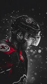 Photorealistic hockey portrait in high-contrast monochrome focus.