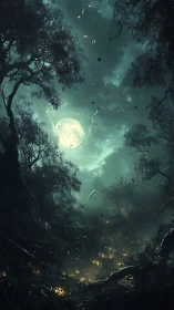 Lunar vista through ancient forest canopy with bioluminescent valley