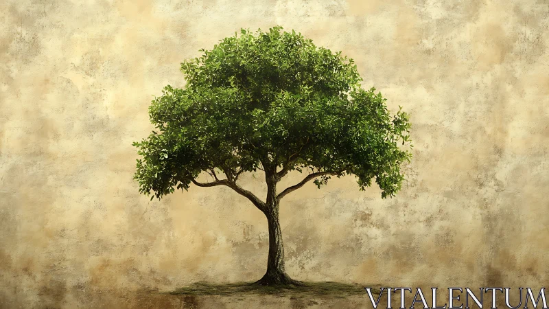 Lush Green Tree Against Textured Beige Background, Realistic Art.