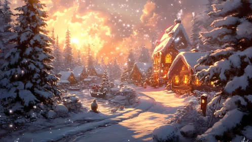 Golden winter sunset wraps a cozy snowy village in warmth