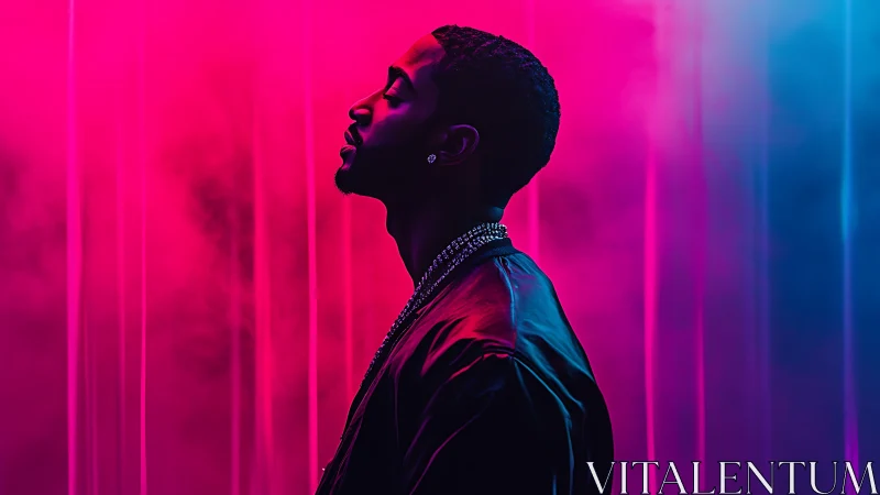 Neon backlit male profile isolates against magenta cyan haze