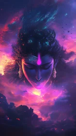 Divine celestial visage emerges from iridescent nebular clouds