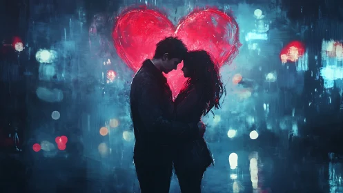 Urban Kiss. Neon Heart Illuminates Rain-Soaked City Embrace.