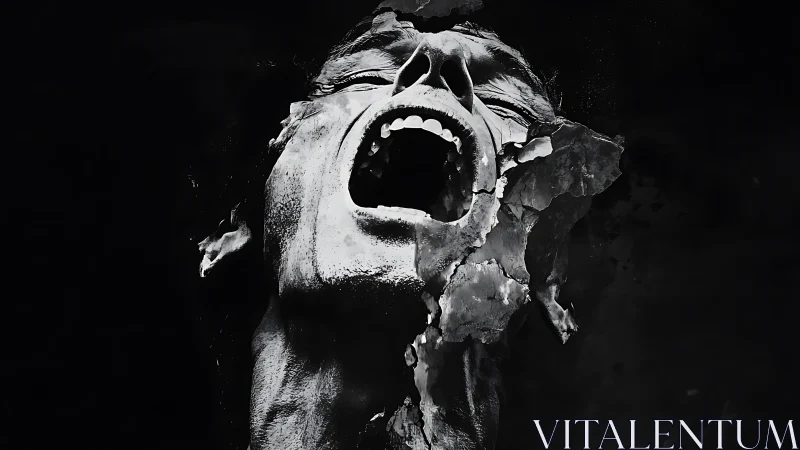 Surreal cracked scream portrait in stark monochrome darkness.