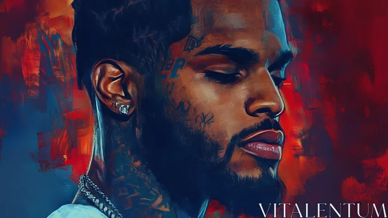 Pensive tattooed man rendered in vivid digital portrait