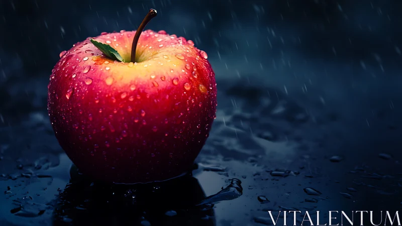 Macro close-up of wet red apple under rainfall on dark surface