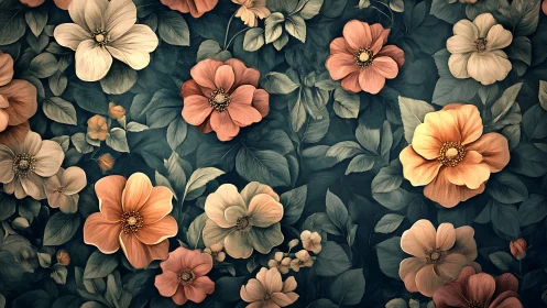 Digital botanical illustration featuring peach and cream flowers with layered petals