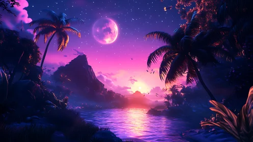 Nocturnal tropical landscape with luminous moon and flora