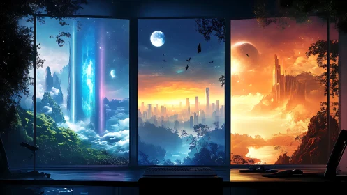 Triptych window reveals three parallel futuristic fantasy worlds