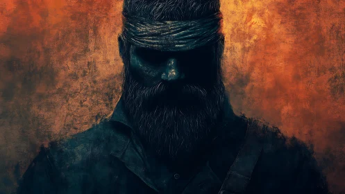 Brooding warrior stands in shadow against a burning sky