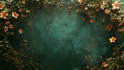 Botanical Frame Against Teal Weathered Surface.