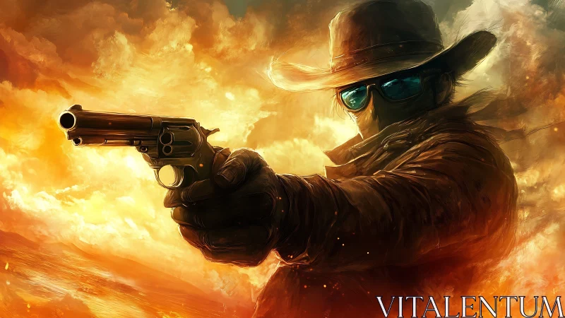 Ballistic cowboy gunslinger in eruptive chromatic firestorm.