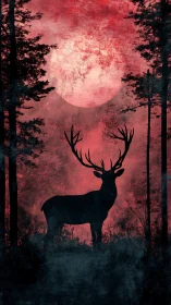Moonburnt stag silhouette under a crimson forest sky.