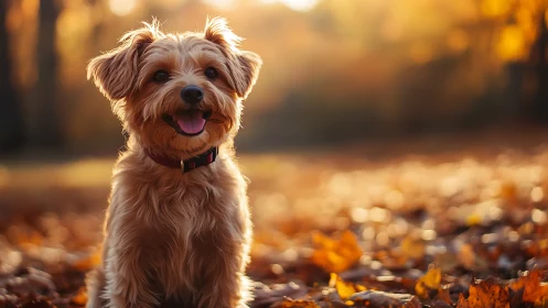 Sunny leaf-crunching pup basking in golden hour glow.