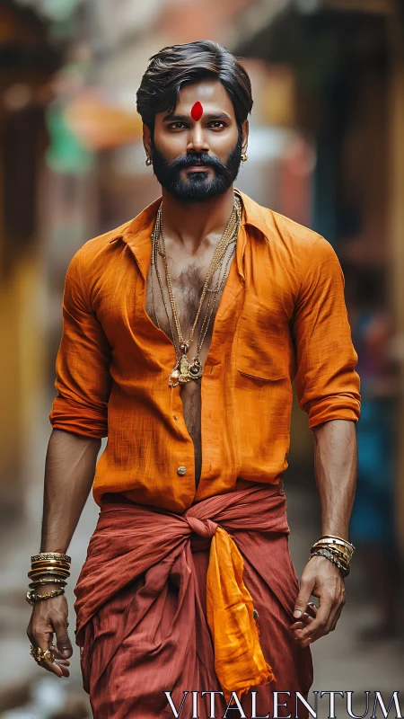 Photorealistic portrait of traditional Indian street style.