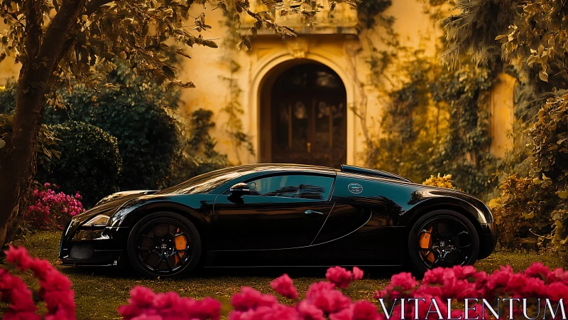 Glossy black hypercar side profile in romantic garden courtyard
