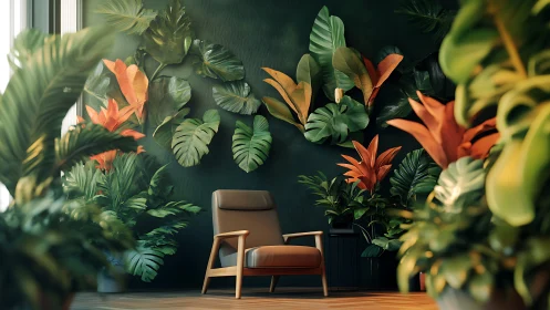 Cozy reading chair tucked into a lush indoor jungle nook.