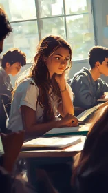 Thoughtful schoolgirl rests on hand during quiet classroom work