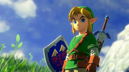 Heroic elf warrior stands armed in bright stylized landscape