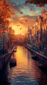 Sunlit autumn canal reflects warm twilight over Amsterdam