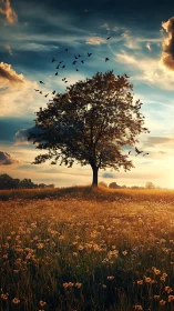 Lone golden tree greeting migrating birds at emberlit dusk.