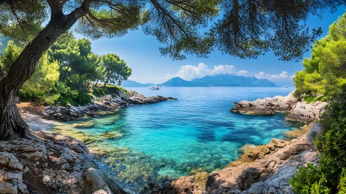 Mediterranean Coastal Cove with Crystal Waters and Mountain Vista