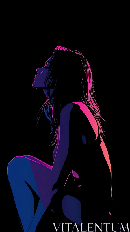 Neon silhouette muse basking in electric midnight hush.