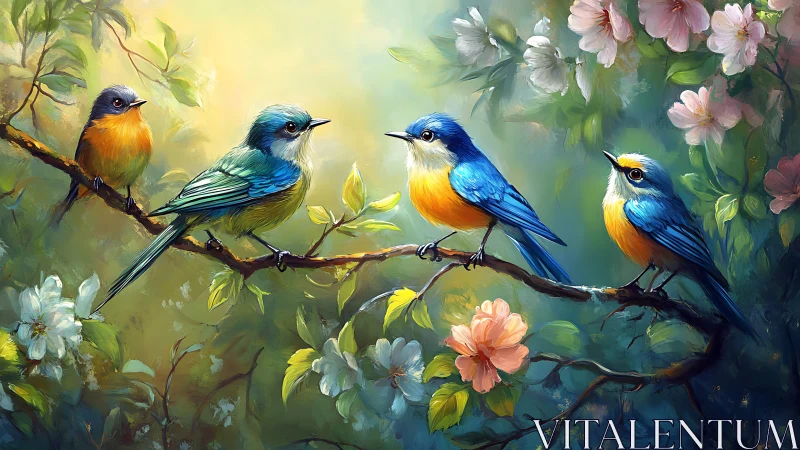 Colorful Bluebirds on Blossoming Branch in Lush Artistic Style.