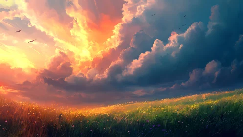 Skyfire over wildflower fields at the edge of evening.