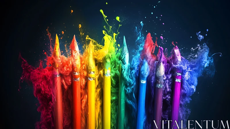 Row of colored pencils with pigment bursts against dark field.