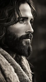 Monochrome side-profile portrait with textured robe detailing.