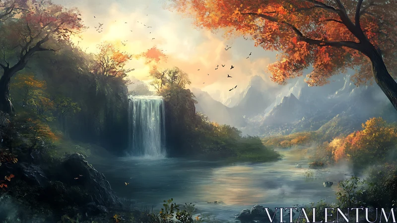 Autumn waterfall sanctuary under ember-tinted skies.