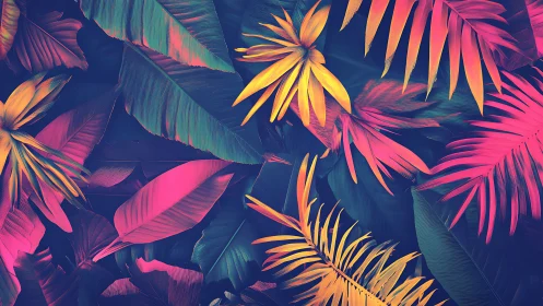 Neon tropical foliage explodes across deep shadowed field.