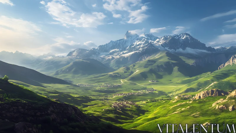 Sunlit green valley beneath rugged snow capped mountains.