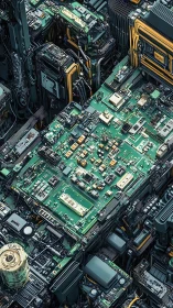 Dense green circuit boards forming a layered tech landscape.
