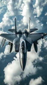 Stealth fighter jet in vertical aerial view above clouds.