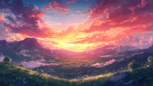 Radiant sunrise pours over tranquil fantasy valley vistas