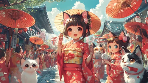 Cat-eared girls in kimonos walk through a festival street