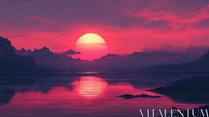 Sunset sphere melts into magenta mountains and mirror sea