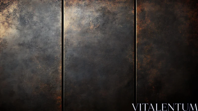 Abstract metallic triptych with textured dark bronze panels.