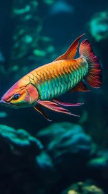 Vibrant arowana fish swims through deep teal aquarium water
