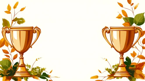 Symmetrical golden trophies with autumnal botanical framing.
