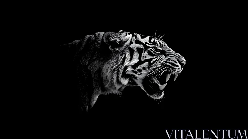 Monochrome tiger profile roaring in stark negative space.