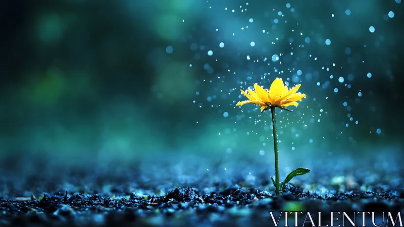 Solitary Yellow Bloom Against Stormy Bokeh Background.