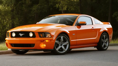 Orange Ford Mustang GT coupe parked on roadside at dusk.