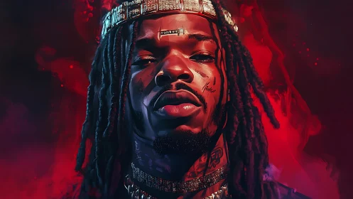 Digital portrait of confident rapper in red lighting.