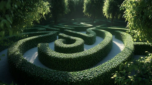 Curved hedge maze forms concentric paths under filtered light