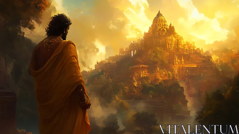 Golden robed figure overlooking vast sunlit temple city.