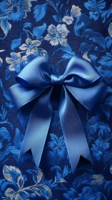 Blue silk bow on floral jacquard textile background.