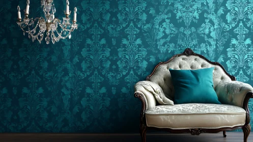 Teal damask wall frames ornate sofa and crystal chandelier.